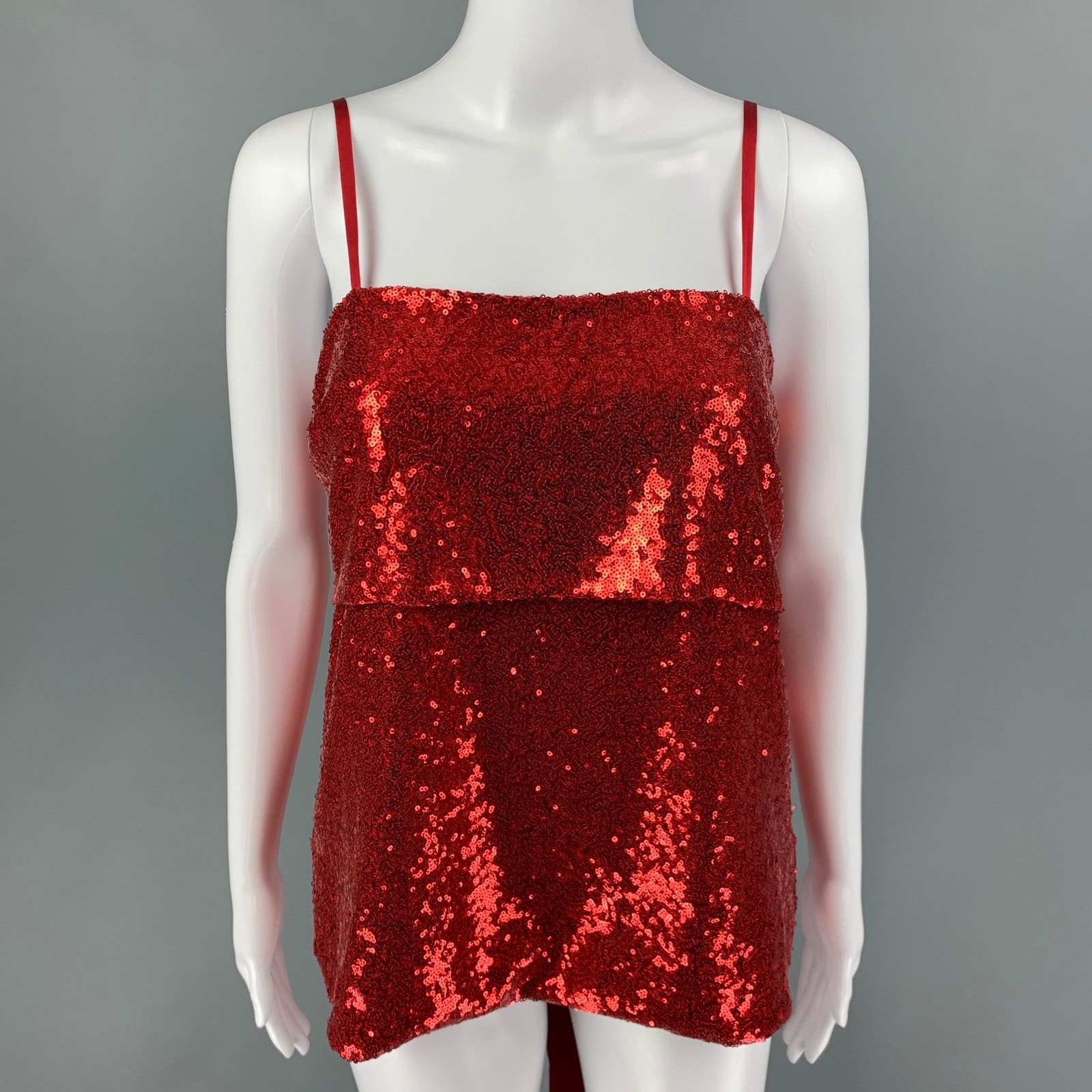 Prabal Gurung Size 2 Red Polyester Sequined Spaghetti Straps Dress Top